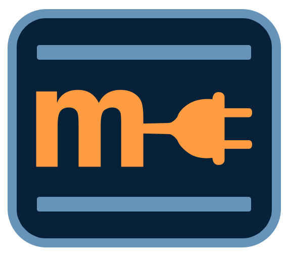 MDash logo, a blue bordered, rounded rectangle with an orange letter 'M' with a generic orange power plug coming from it in the middle of the rectangle. Two blue bars on the top and the bottom.